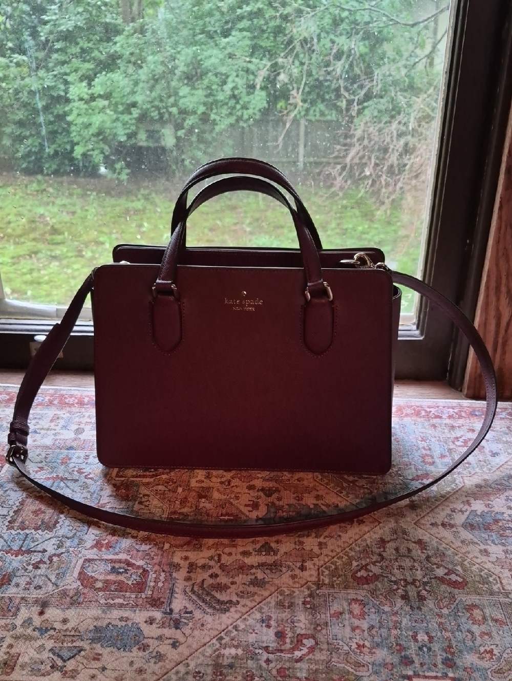 kate spade Wine Leather Structured Satchel with Detachable Strap